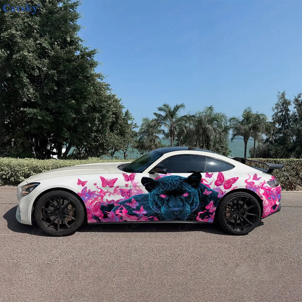 2pcs Butterfly Shadow Spirit Leopard Car Side Wrap, Self-Adhesive PVC Waterproof & Scratch-Resistant Sticker, Car Accessory Gift