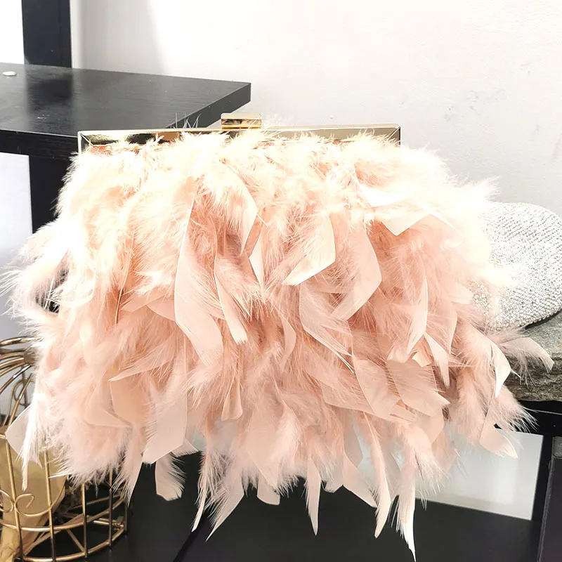 Luxury Ostrich Feather Handmade Evening Bag Beads Beading Handle Women Handbag Wedding Party Clutch Purse Shoulder Crossbody Bag