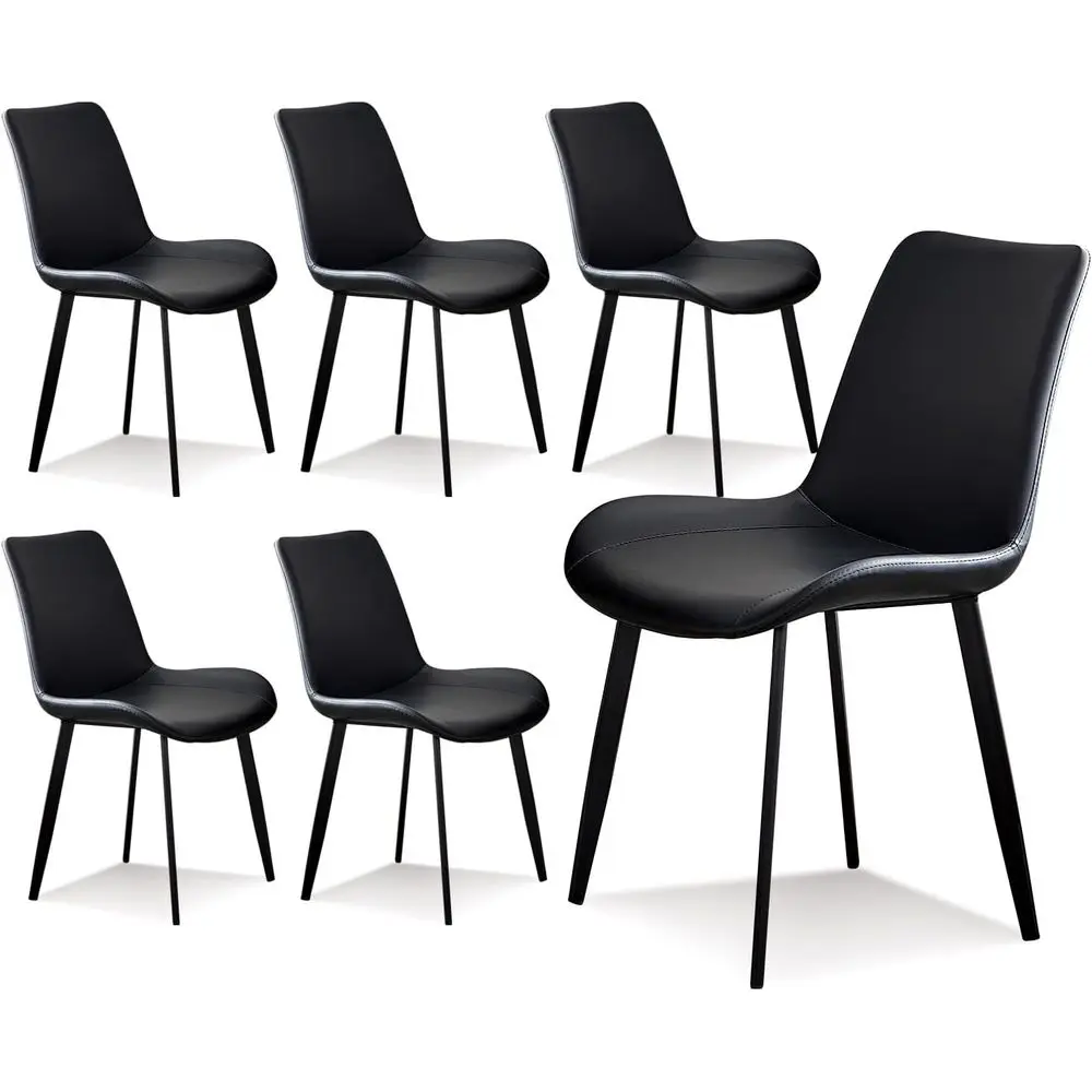 Dining Chairs Set o 6 Black, aux Leather Chair with Metal Leg, Comortable Kitchen Chairs or Dining Room Living Room Bedroom Cae