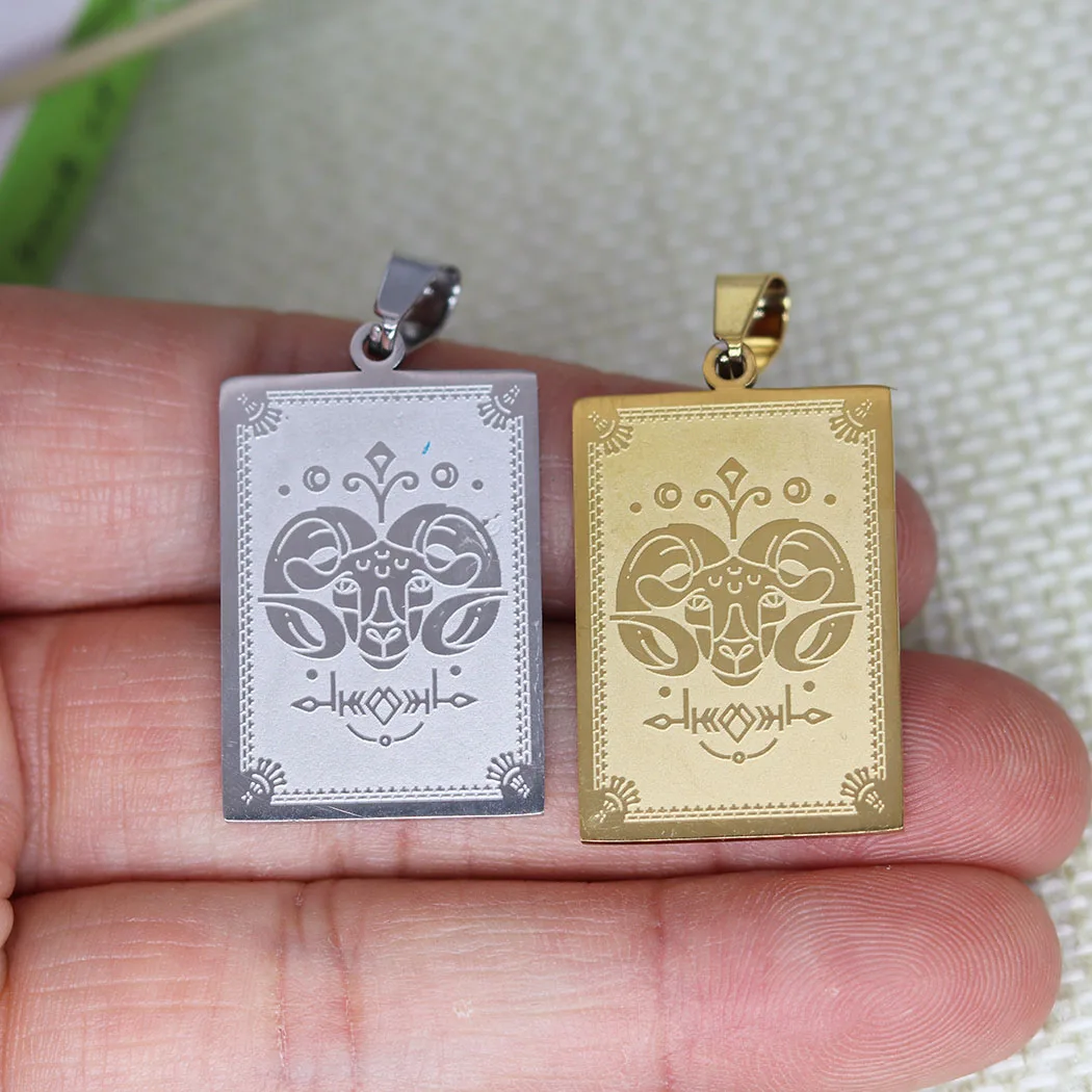2pcs Aries Zodiac Stainless Steel Laser Carved Rectangle Pendant Charms for Couple Birthday Jewelry Making Handmade Craft DIY