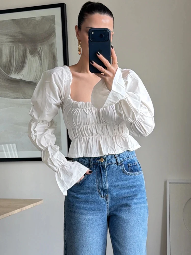 Trendix White Folds Crop Top For Women Casual Long Sleeve Slim Ruffle Cropped Ladies Party Vintage Street Fashion Sexy Out Tops