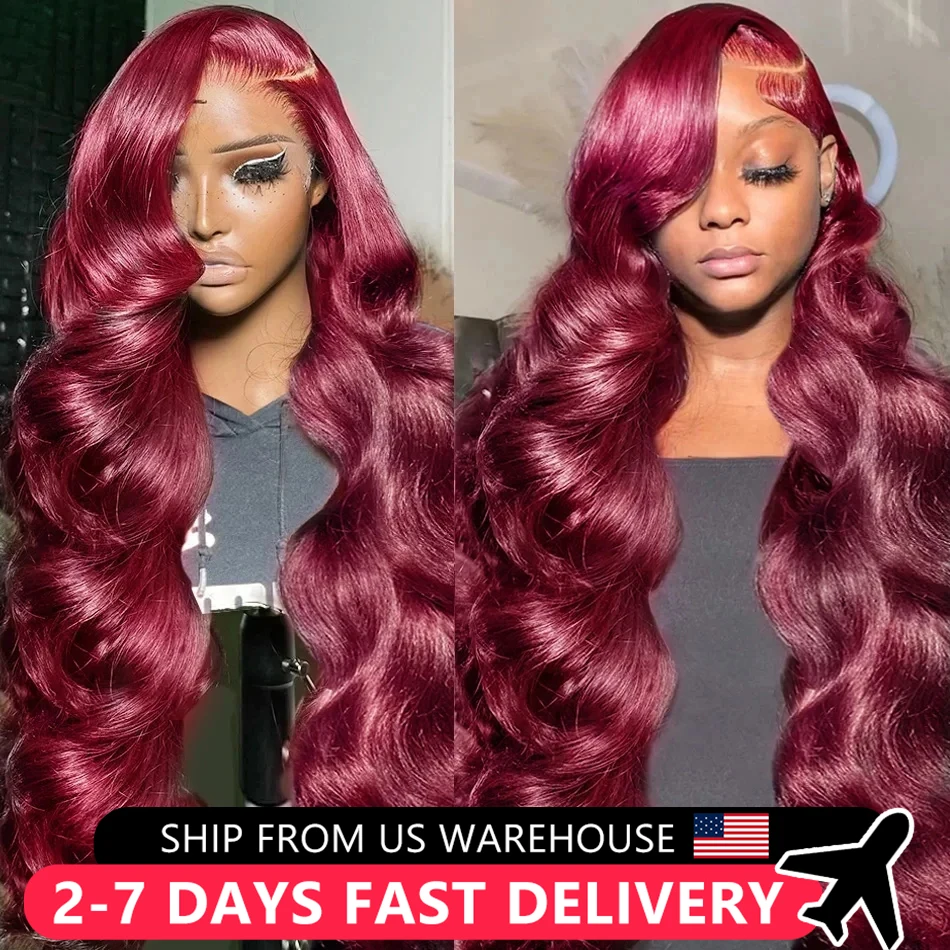 Glueless Body Wave Wig 99J Burgundy 13X6 HD Lace Front Human Hair Wigs 30 32 Inch Red Colored Frontal Wig 180 Density For Women