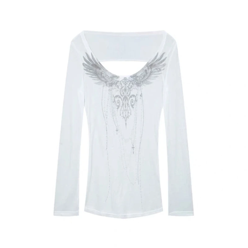 디자인 백 컷아웃 프린트 긴팔 티셔츠 여성용 신상 여름 라이트 화이트 자외선 차단 커버업 탑 Y2k 캐주얼 의상 2025 신상