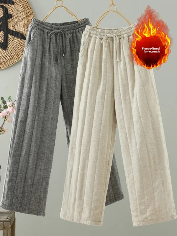 Zimowe, modne, ocieplane lniane spodnie z prostymi nogawkami, sznurkiem, codzienne, dla kobiet plus size, ciepłe i wygodne.