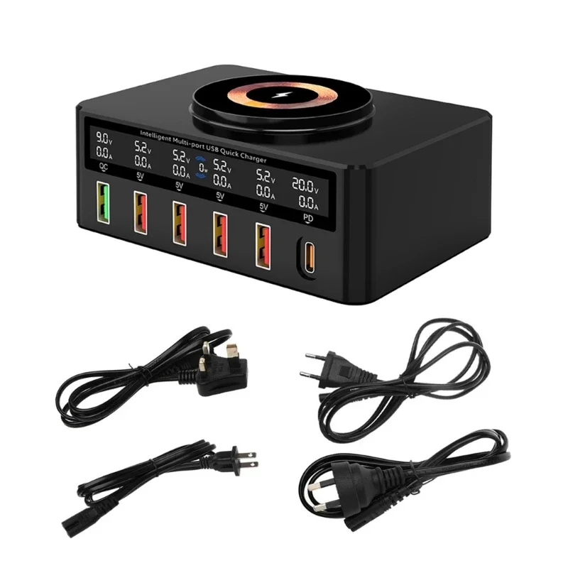 100W Multi USB PD Charger For iPhone Xiaomi Samsung Magnetic Wireless Charging QC 3.0 LCD Display Fast USB Charger Station