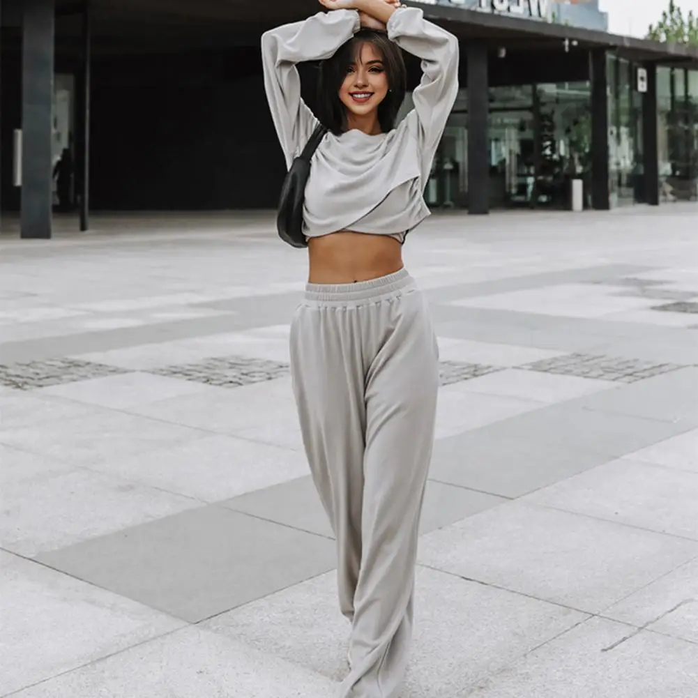 

Women's Crewneck Long Sleeve Irregular Sweatshirt Solid Color Stretch High Waist Wide Leg Pants Sportswear 2 Sets/sets