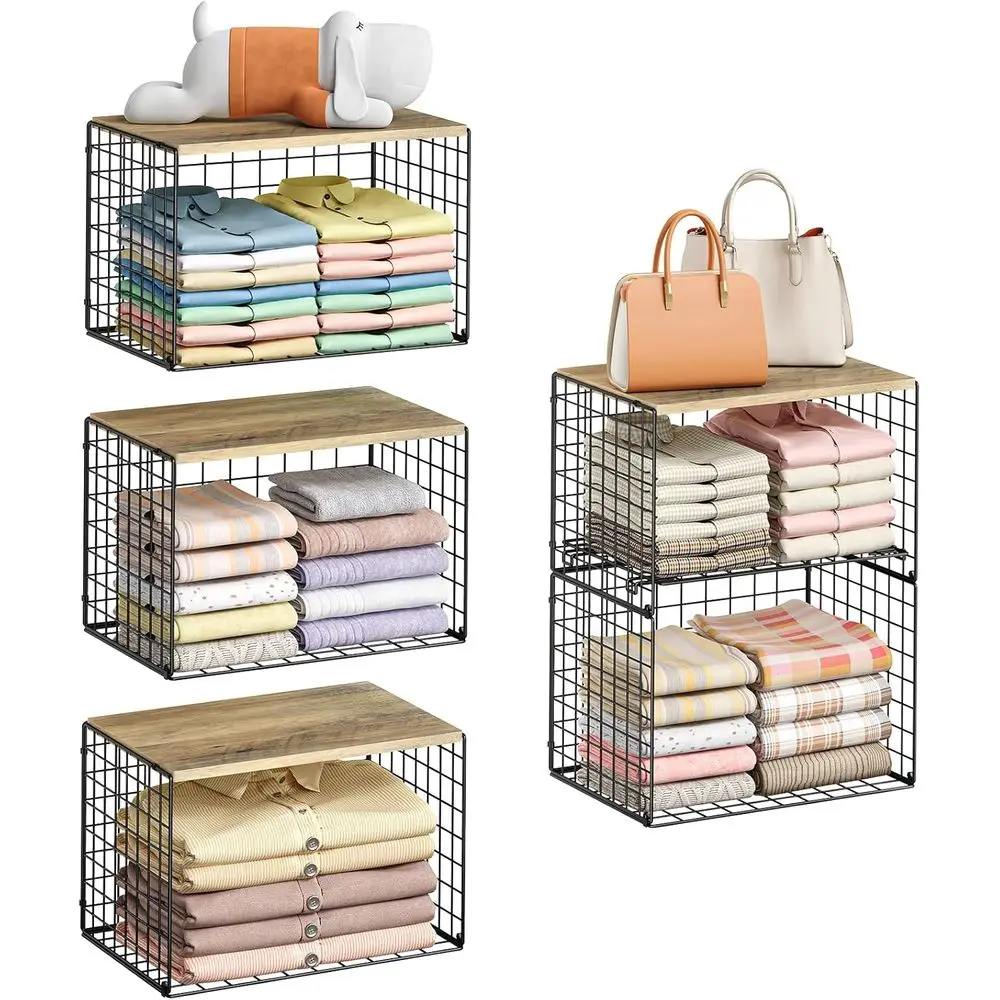 

5-уровневый штабелируемый органайзер для шкафа с деревянной столешницей и регулируемыми полками для эффективного хранения в гардеробе