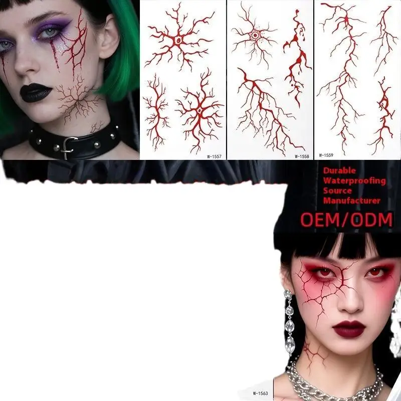 2 hojas de tatuaje temporal de Halloween, pegatinas faciales impermeables de sangre roja falsa, pegatinas para mano, brazo, espalda y cuerpo, calcomanías de maquillaje para Festival