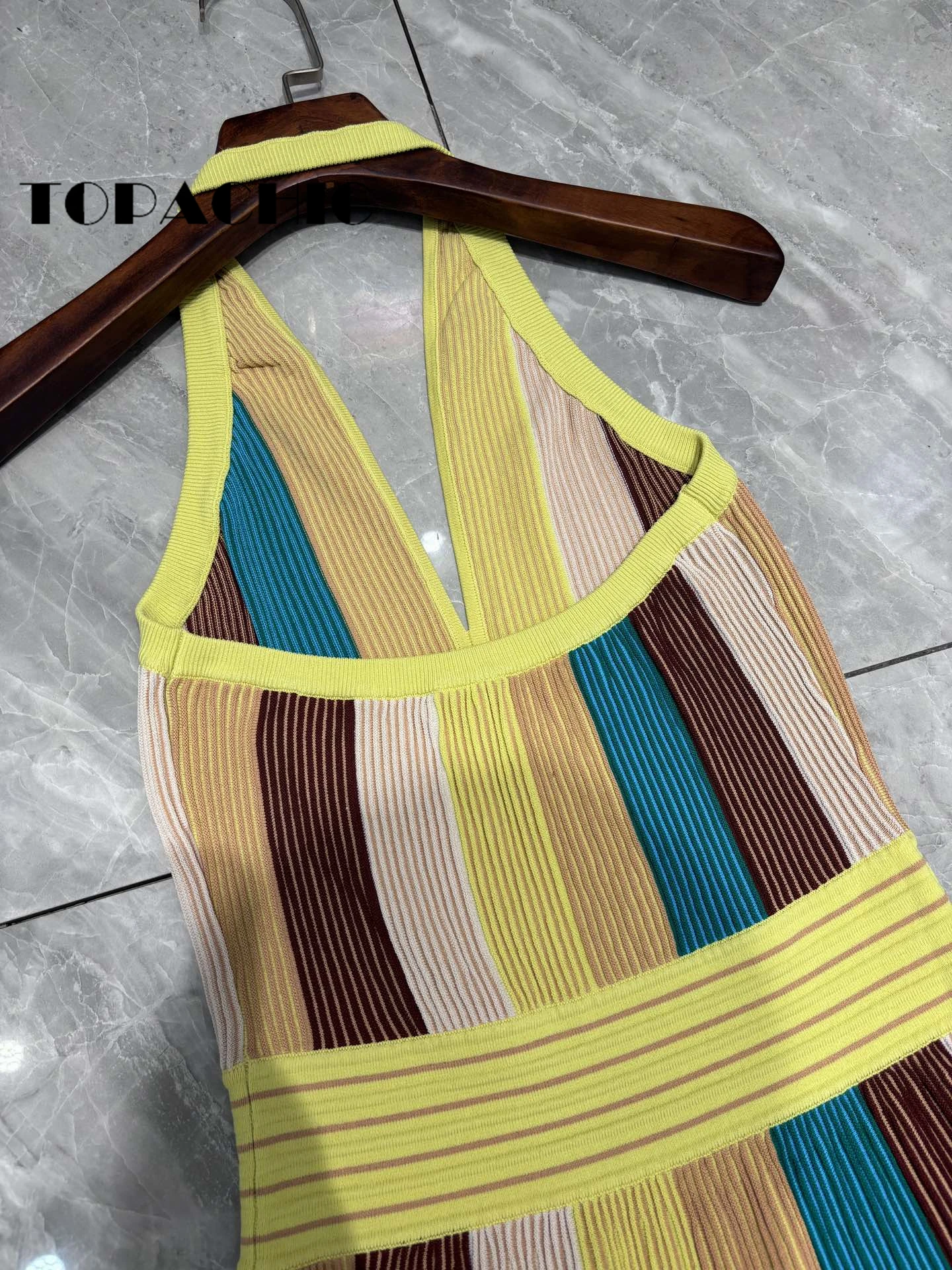 5.8 TOPACHIC-Women\'s Elegant Striped Contrast Color High Collect Waist Long Dress Sexy Backless Halter Sleeveless Knit Dress