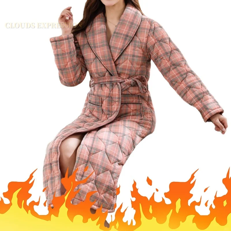 Winter Three-layer Thickened Women\'s Sleep Lounge Warm Quilted Jacket Long Robes Lady Night-robe Plaid  Bathrobe Comfy Homewear