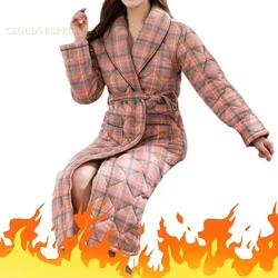 Winter Three-layer Thickened Women's Sleep Lounge Warm Quilted Jacket Long Robes Lady Night-robe Plaid  Bathrobe Comfy Homewear