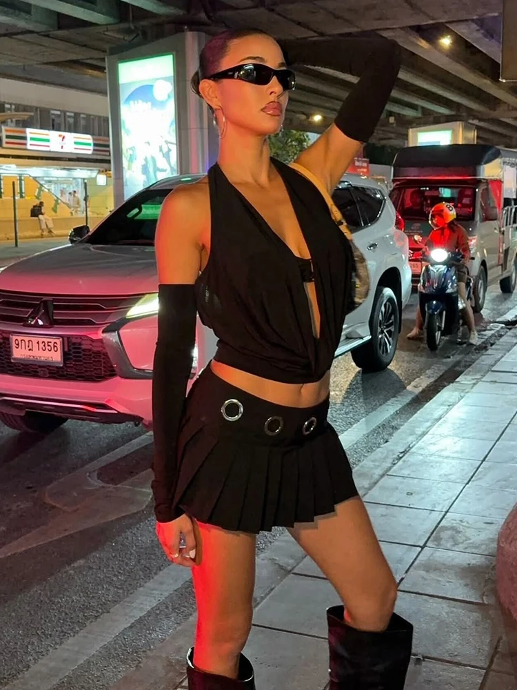 

Sisterlinda Hottie Pleated Skirt Women Sexy Y2K Wild Metal Hollow Ruched Stretch Skinny Coquette Midnight High Street Clubwear