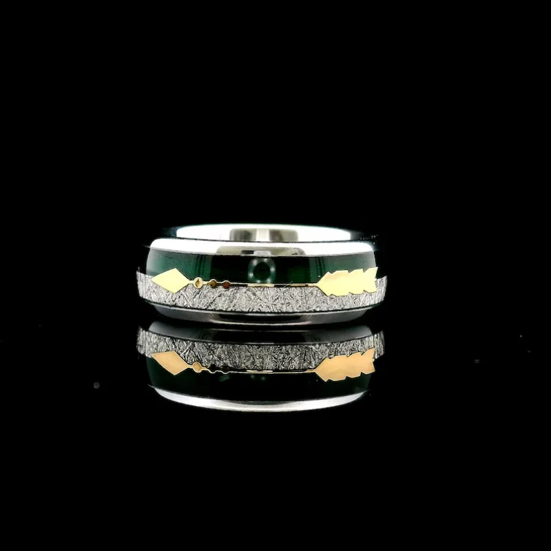 Wedding Ring, Green Agate Meteorite Tungsten Carbide Ring with Arrow Inlay, Men\'s and Women\'s Engagement Ring, 8Mm
