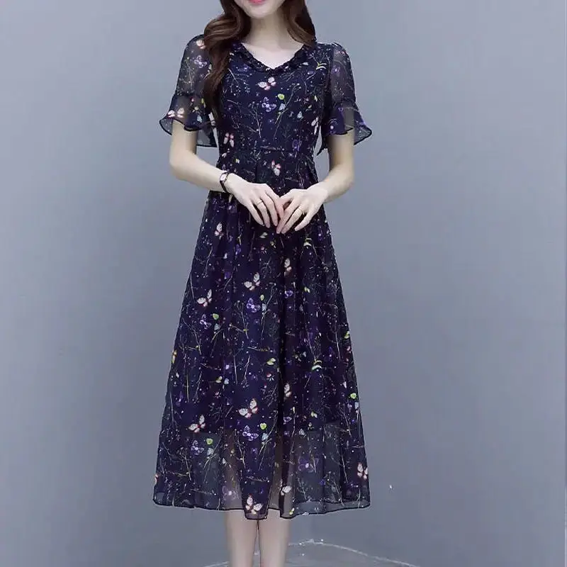 Vintage Printed Bandage Butterfly Sleeve Chiffon Floral Dress Women\'s Clothing 2024 Summer New Commute Midi Dress