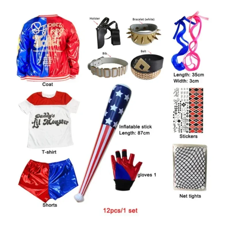 Carnival Kids Girls Suicide Harley Cosplay Costumes Squad Quinn Monster Joker Jacket Suit tattoo stickers Pants Set