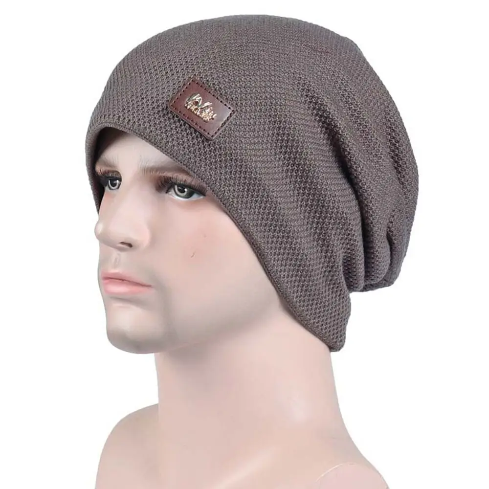 Warm Fleece Lined Casual Knitted Hat Knitted Material Pullover Winter Beanie Solid Label Decor Slouchy Winter Hats Men and Women
