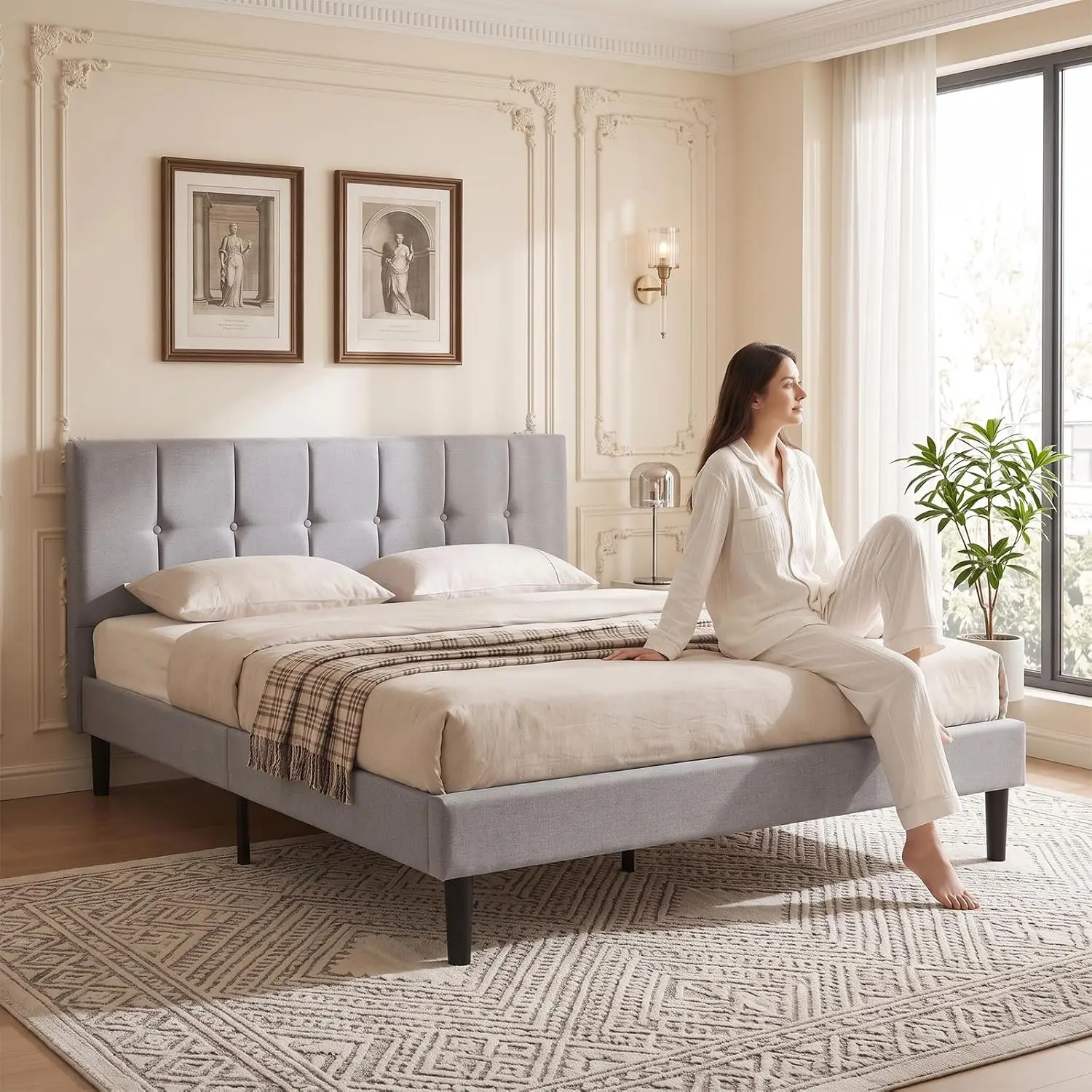 Queen Bed Frame Linen Button Tufted Upholstered Headboard Gray, Customized