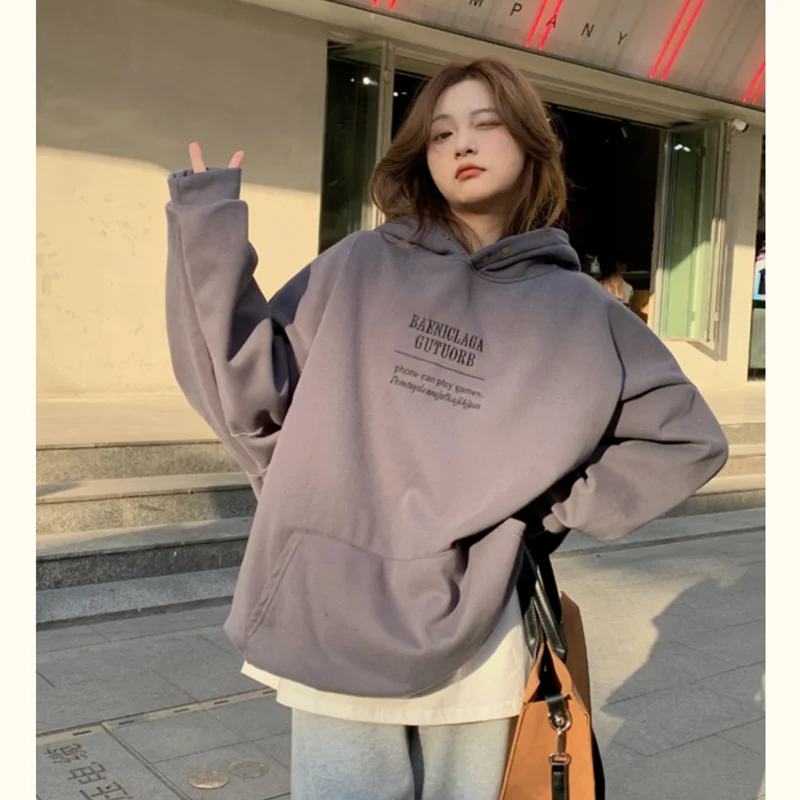 Women White Hoodie Letter Print Sweatshirt  Korean Fashion Hip Hop Oversized Leisure Fleece Thicken Winter New Tops Pullover