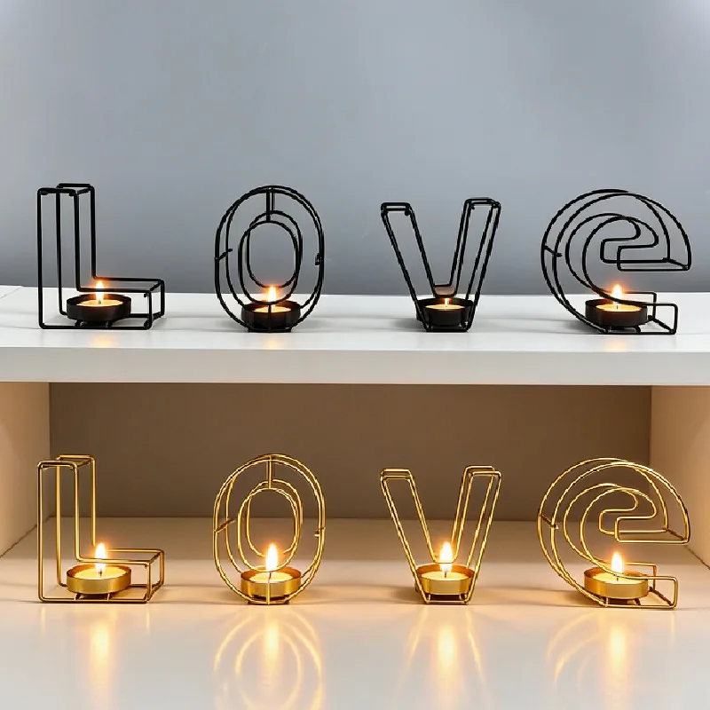 LOVE 4 Piece Set of Wrought Iron Candlestick European Home Creative Letter Metal Small Tealight Candle Holder Wedding Decoration