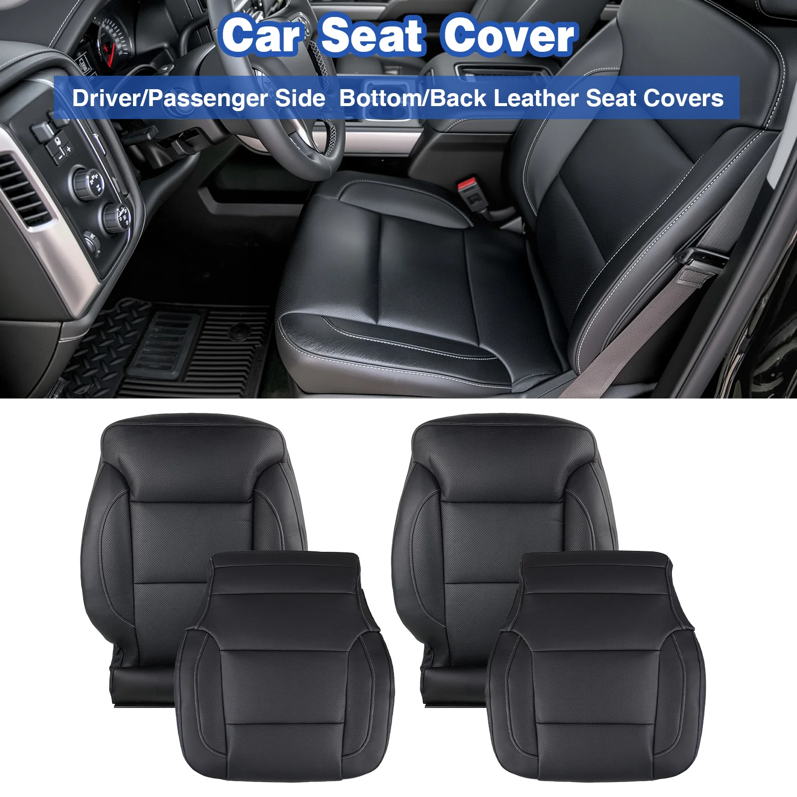 4PCS New Car Driver Passenger Side Seat Cover & Bottom Back Leather Seat Covers For Chevrolet Silverado 1500 2500 2015-2019 GMC Sierra