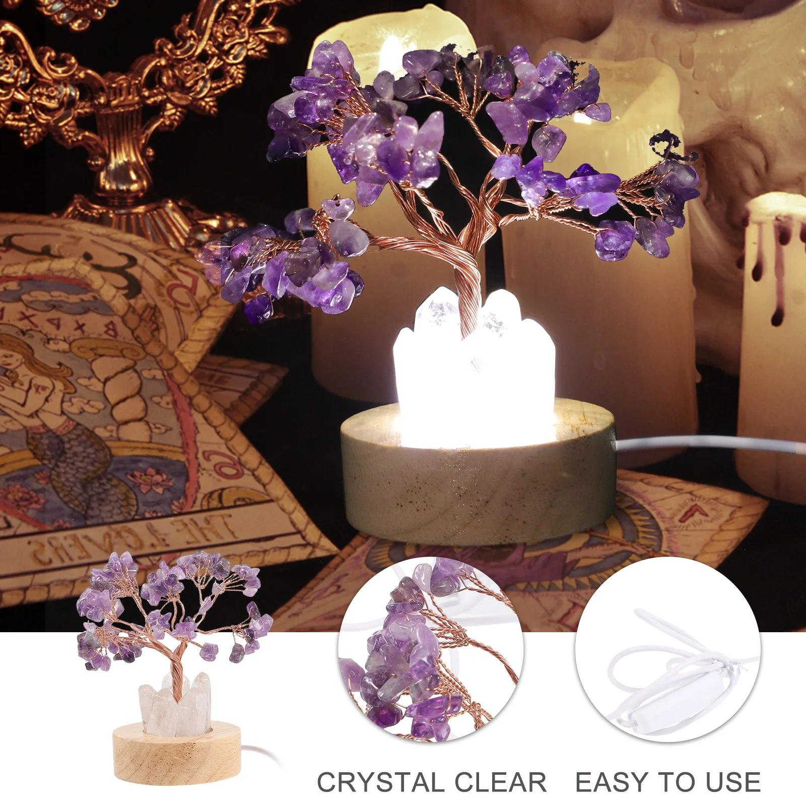 

Crystal Tree Night Lamp Compact Design Amethyst Material Decorative Small Light for Bedroom Desk Table Decoration