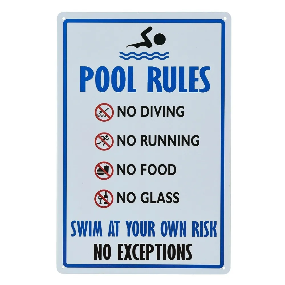 Pool Rules Sign, No Diving No Running No Food No Glass, 8x12 Rust Free UV Printed, Easy to Mount-Metal Tin Signs, Home Kitchen W