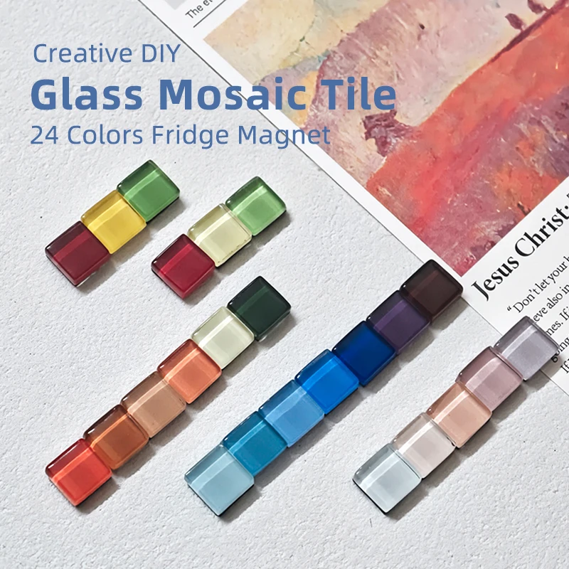 24pcs Sets Mini Glass Mosaic Fridge Magnets 1cm Colored Refrigerator Magnet Set Cute Small Square Mosaic Tile Kitchen Decor