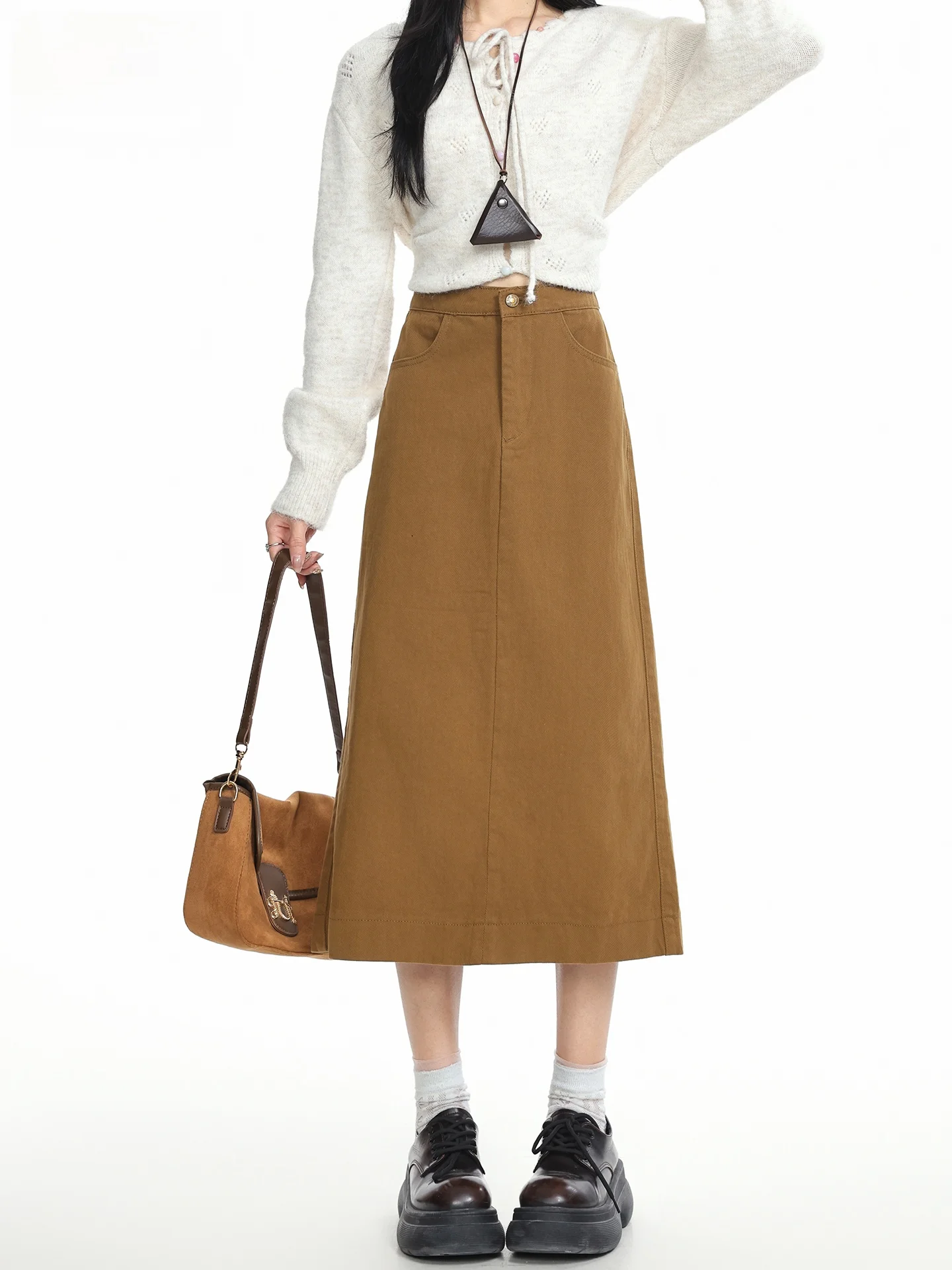 Khaki High Waist Slit A-Line Skirt Women's Summer New Style Loose Fit Casual Style Cotton Fabric Cover Hip Length Skirt