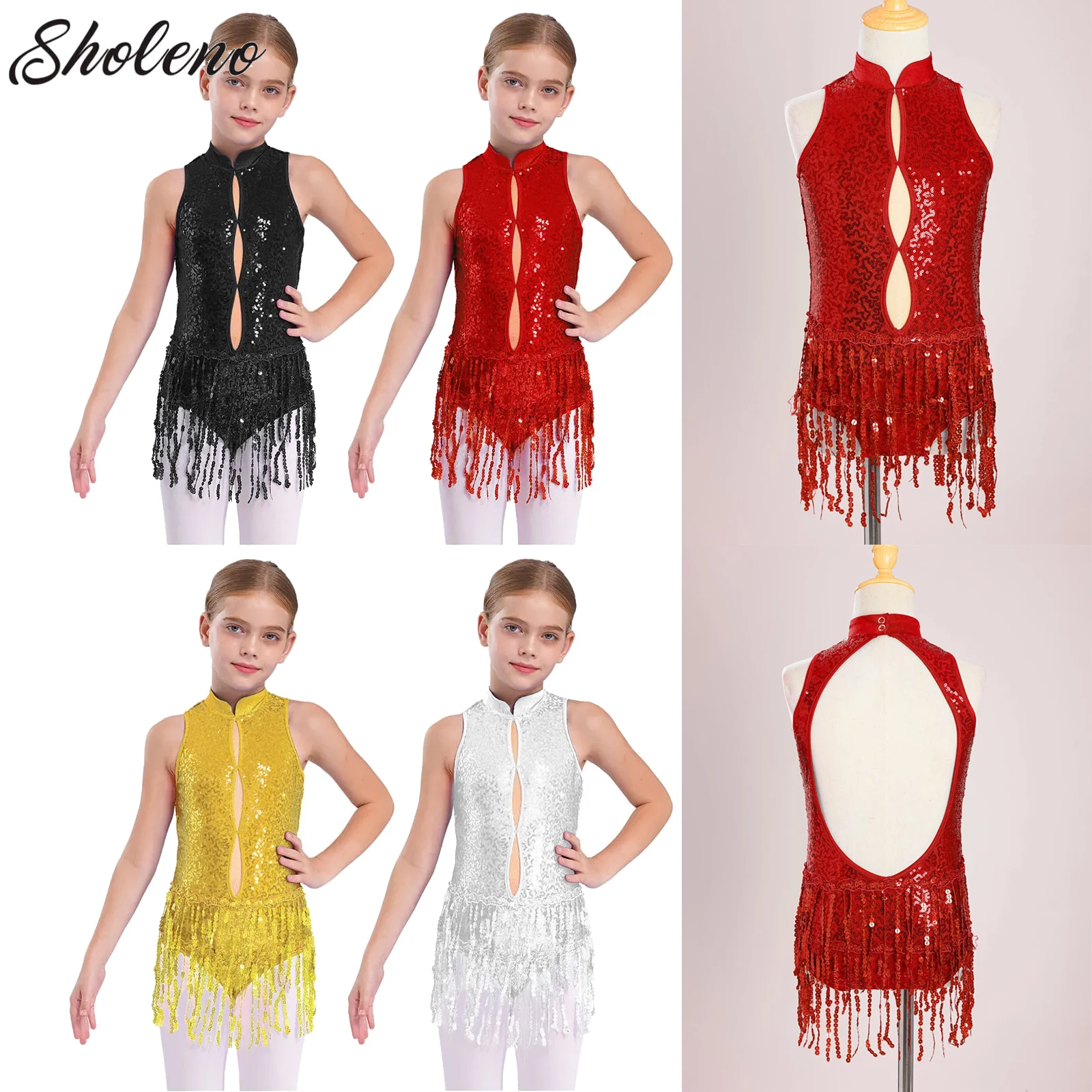 

Sequins Latin Dance Fringe Bodysuit for Girls Kid Tassel Leotards Dress Professional Dancing Competition Chacha Rumba Tango Wear