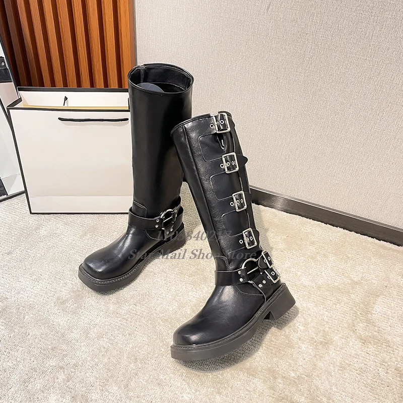 Women Fashion Western Knee High Boots Metal Buckle Strap Detail Dress Boots Square Toe Chunky Heel hot chick Flat Rider Boots