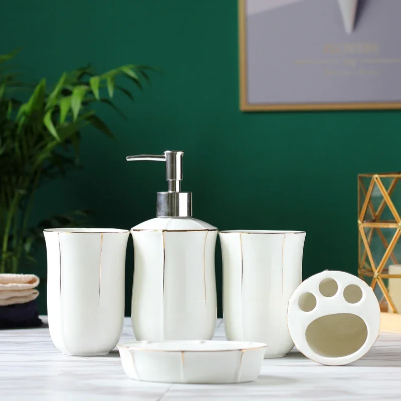 Ceramic Bathroom Set Supplies Wash Five-piece with Tray Mouthwash Cup Toothbrush Holder Soap Dish Lotion Bottle