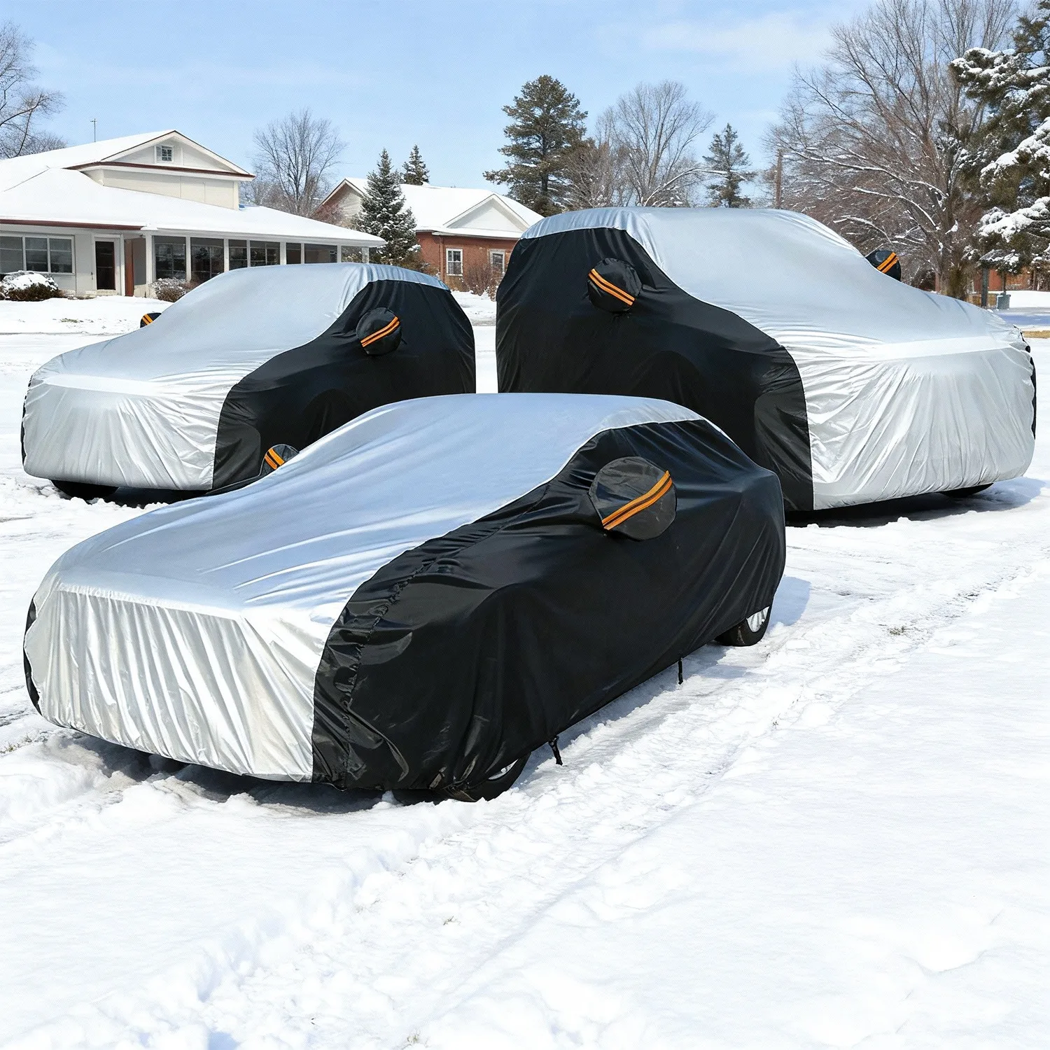 

Silver&Black Car Covers, Portable, Easy To Install, Sun Protection, with Orange Reflective Strips, Suitable for Hatchback Cars.