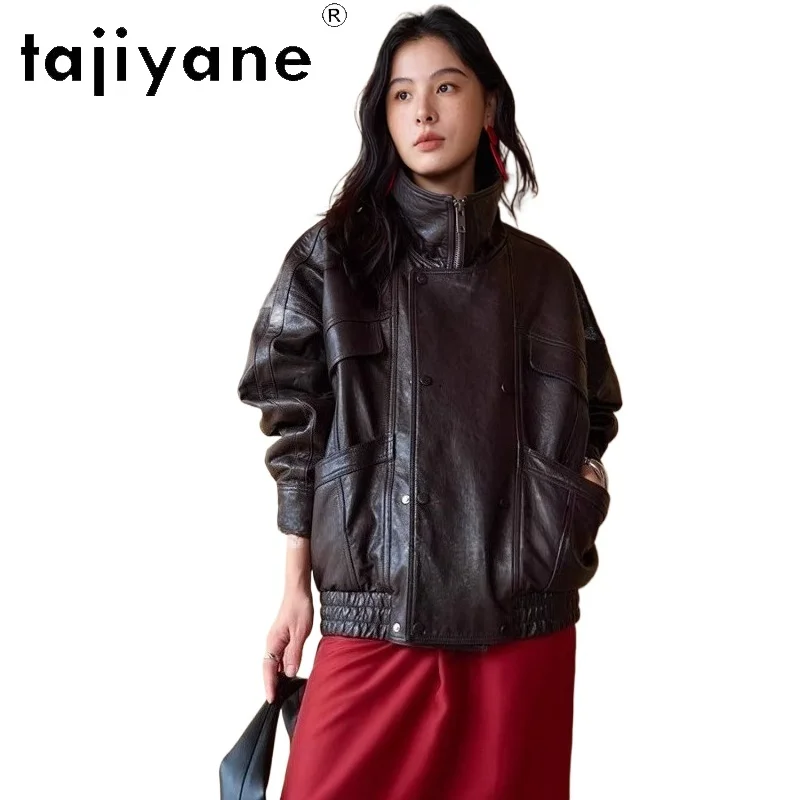 TAJIYANE Genuino Pelle di Capra Giubbotti di Pelle Delle Donne Del Collare Del Basamento Cappotto Vintage Giacca di Pelle Reale 2025 Autunno Donna Vestiti дубл onderка