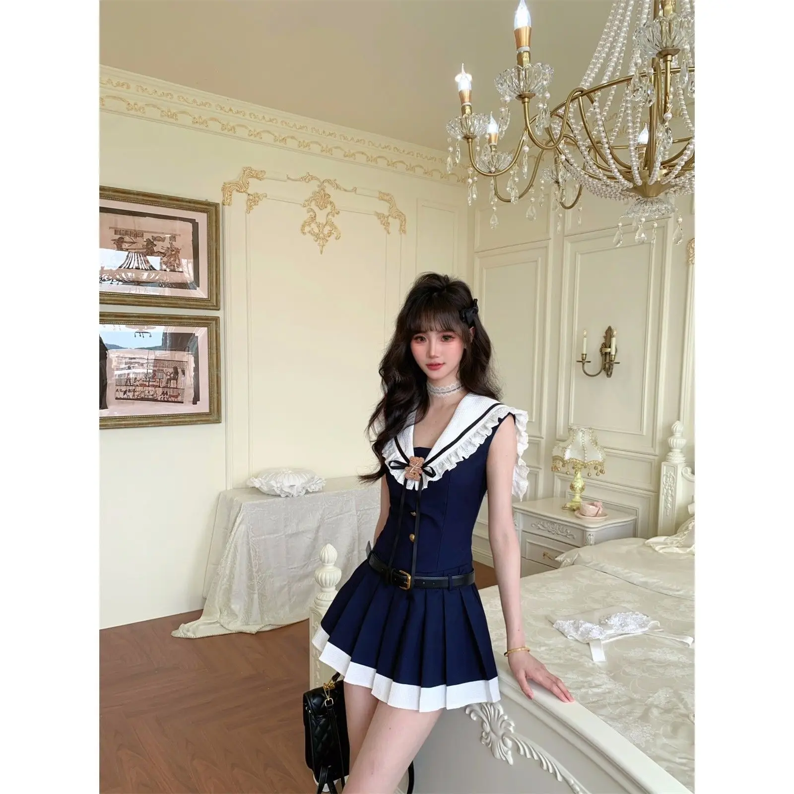 

Summer Dress for Women New High-end French College Style Navy Designed Niche Temperature Collar Blue Slim A-line Pleated Dress