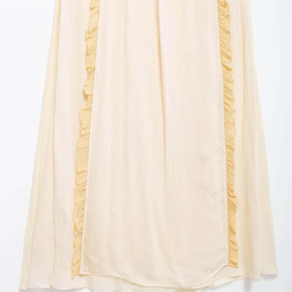 Outono novo estilo europeu e americano pendurado pescoço colarinho contrastante saia longa em camadas emenda vestido midi