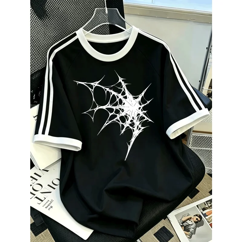 Neutral Spider Pattern T-shirt, Retro Striped Sleeves, Raglan Short Sleeve T-shirt, Y2K Street Wear, Loose Casual T-shirt