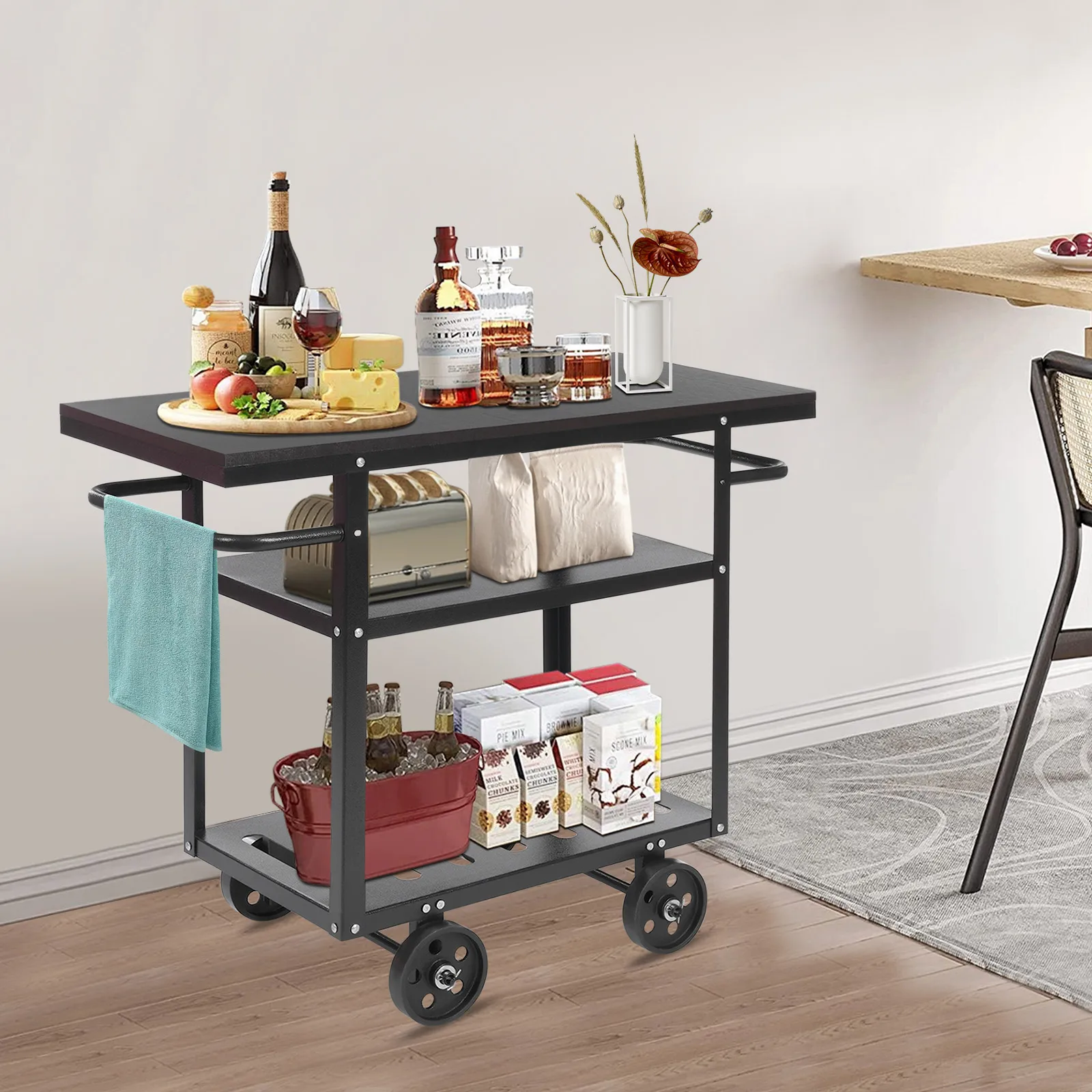 عربة بار دوارة مقاس 4.7 بوصة، عربة تقديم متنقلة صناعية مع مساحة تخزين، عربة تخزين المطبخ لغرف التخزين