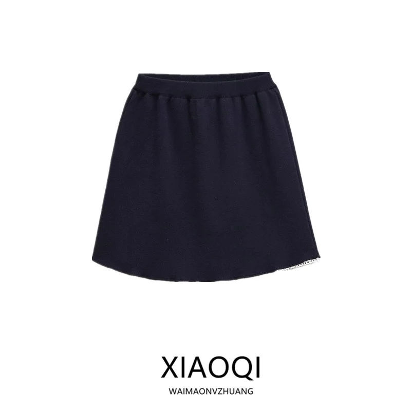 2025 Summer New Women's Faion  Knitted Skirt with Lace Simple Versatile f-length Midi Skirt Sli All-rounder