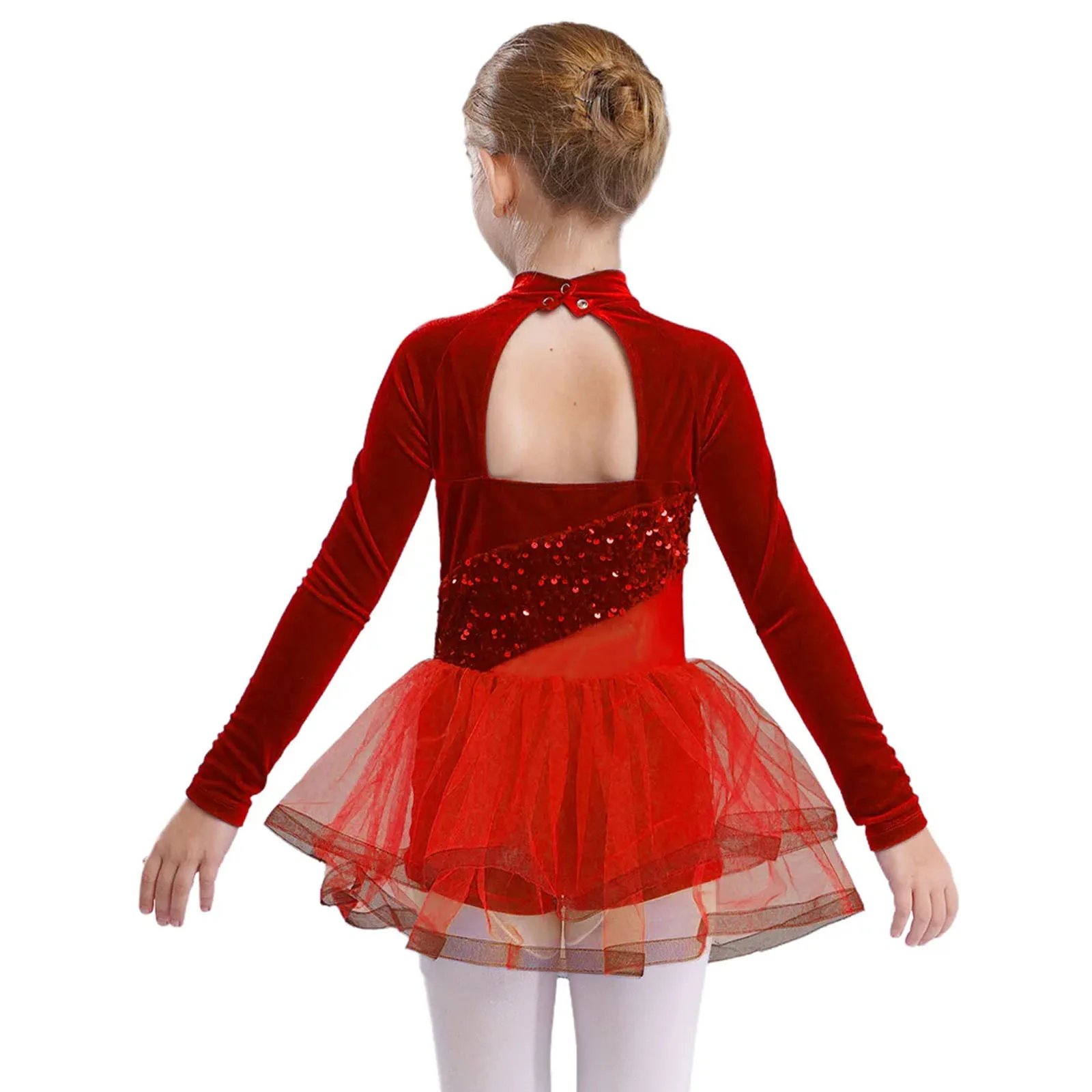 Girls Ballet Dance Tutu Dress Kids Long Sleeves Velvet Sequins Tulle Skirt Skate Gymnastics Christmas Party Leotard Dancewear