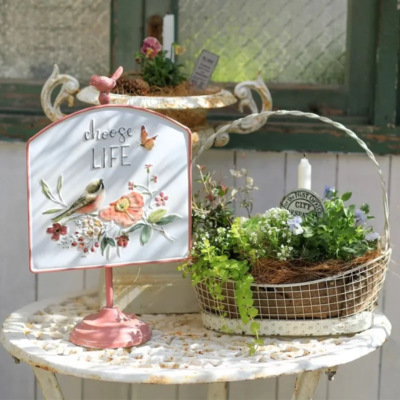 Vintage Nordic Pink Flower Bird Statue French Garden Decor Home Ornament Retro Floral Animal Figurine Indoor Outdoor Display