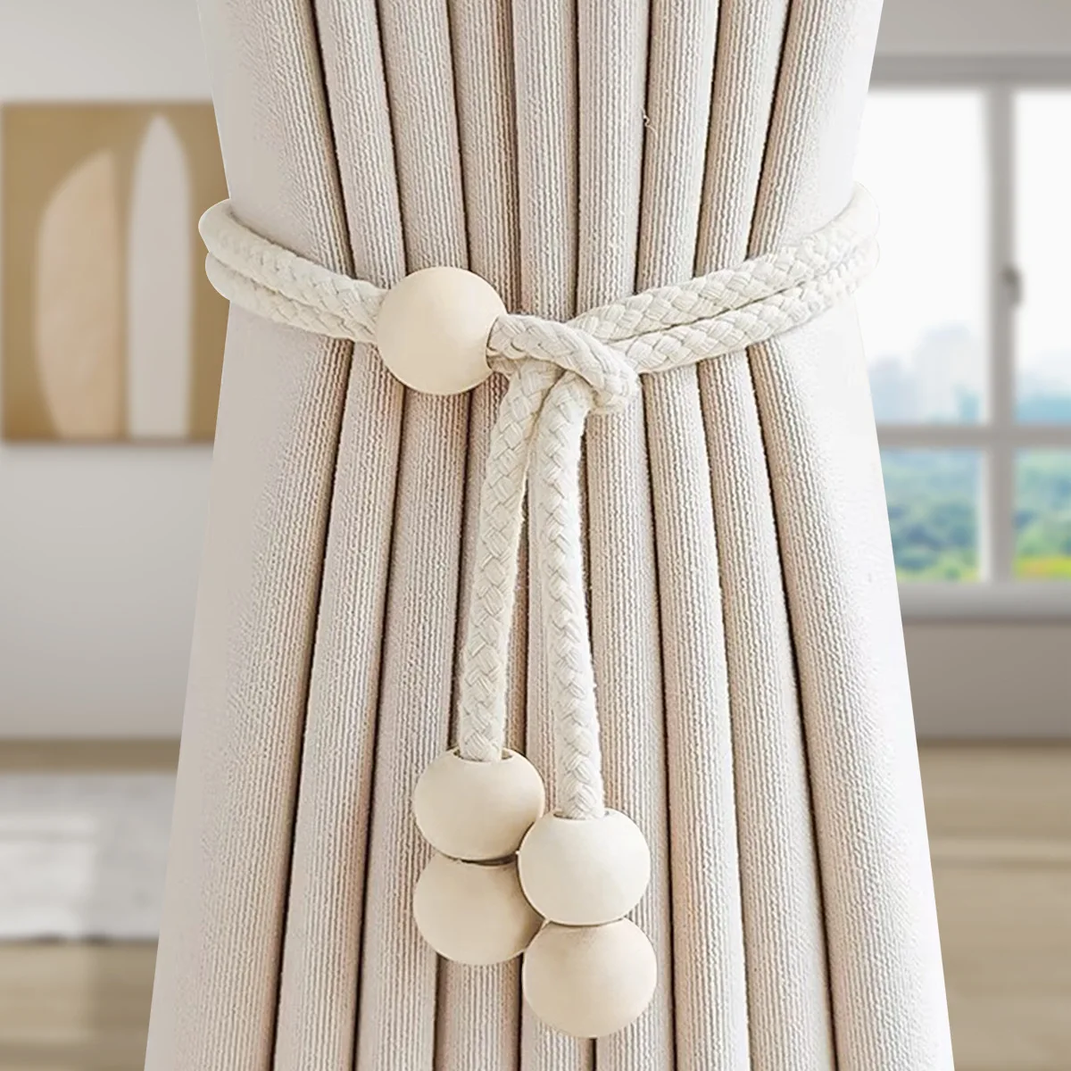 Cotton Rope and Wooden Bead Curtain Straps, No Need to Drill Holes, Mobile universal Curtain Decoration Accessories, Tying R