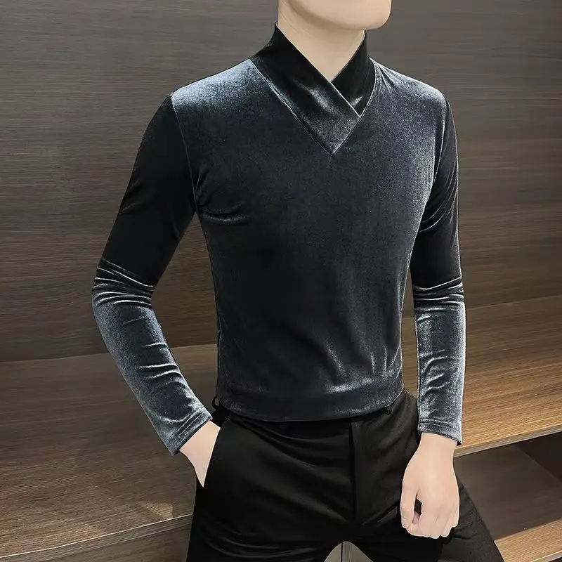 Gold Velvet V-neck Long-sleeved T-shirt Men's High-end Half-high-neck Inner Base Shirt JJ898