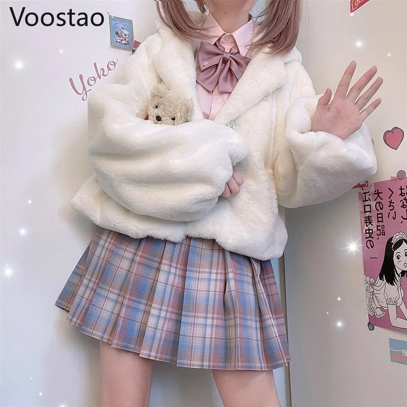 Autumn Winter Japanese Cute Lolita Coats Girls Kawaii Rabbit Ears Hooded Loose Plush Jackets Women Sweet Warm Jk Outwear Tops