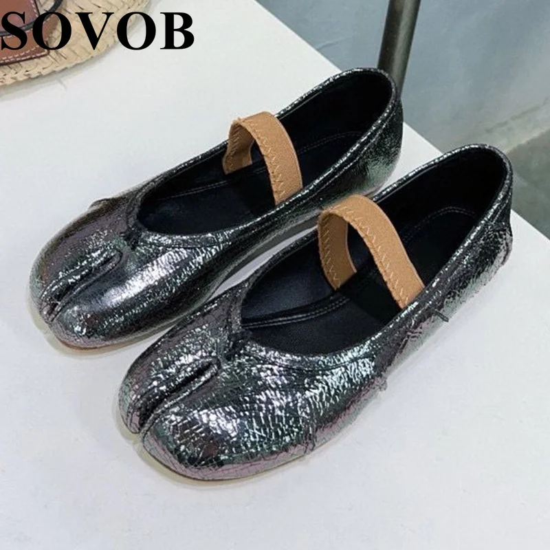 

Spring Summer Genuine Leather Split Toes Flat Shoes Women Pleated Shallow Mouth Mary Jane Ballet Shoes Retroelastic Band Loafers