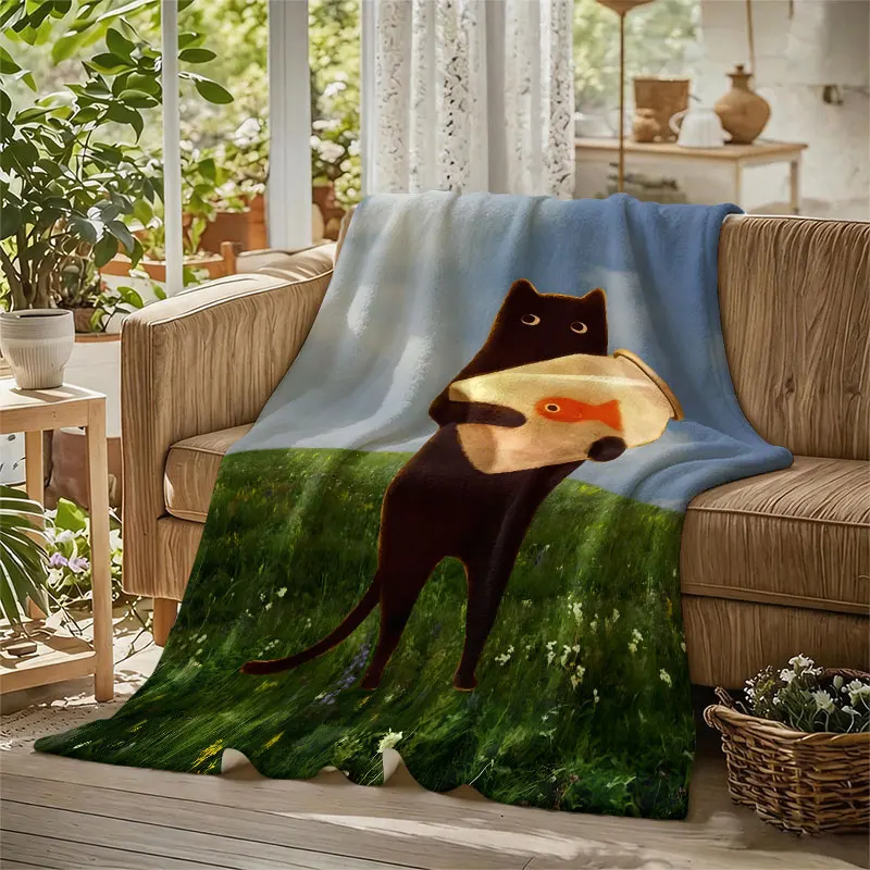 Cat Holding Fish Bowl Flannel Blanket Perfect for Sofa Office Bed Travel Sleep Read Relax Camping Four Season Use