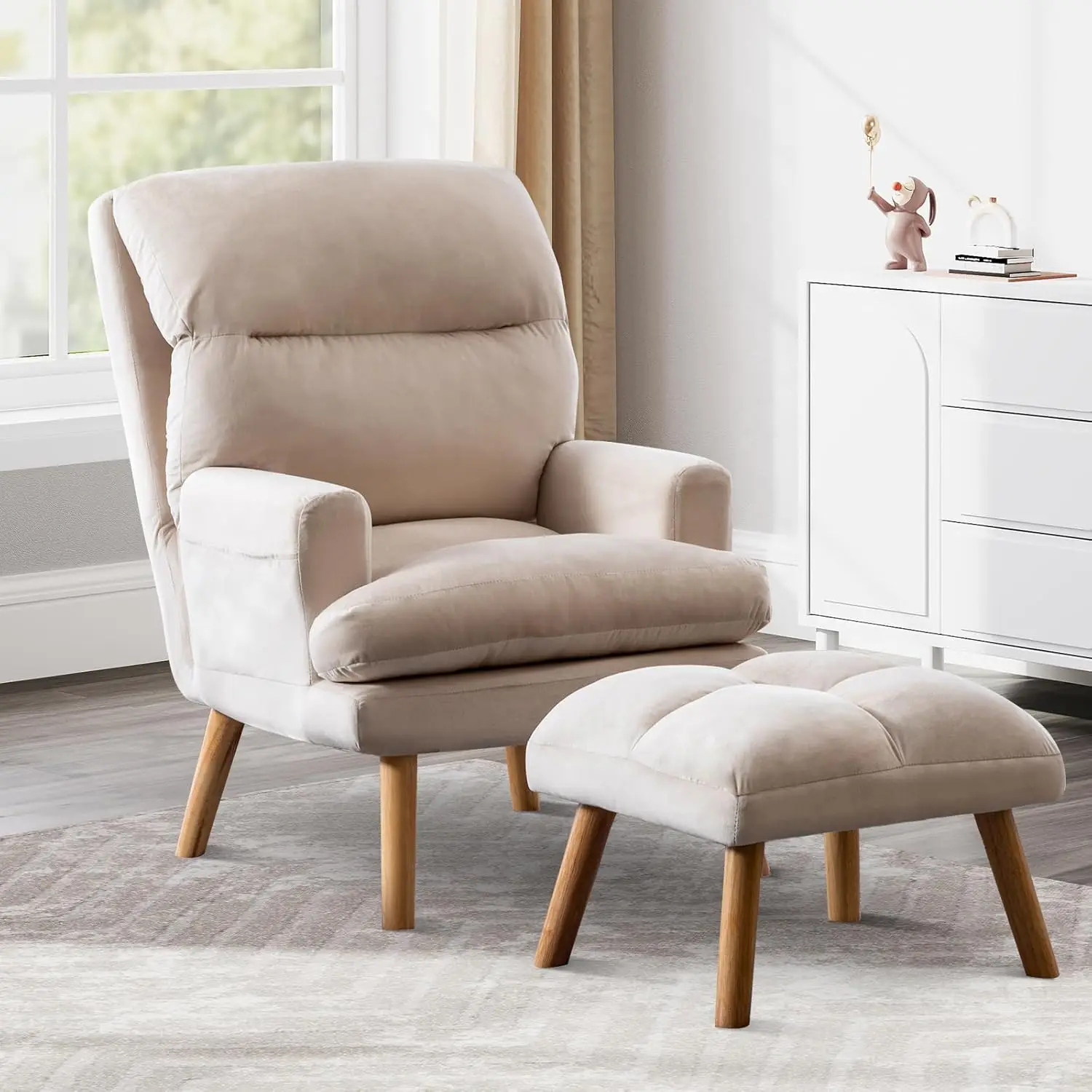

Chair with Ottoman Comfy Reading Chair Armchair with Adjustable Backrest and Side Pockets Soft Fabric Leisure Sofa for Be