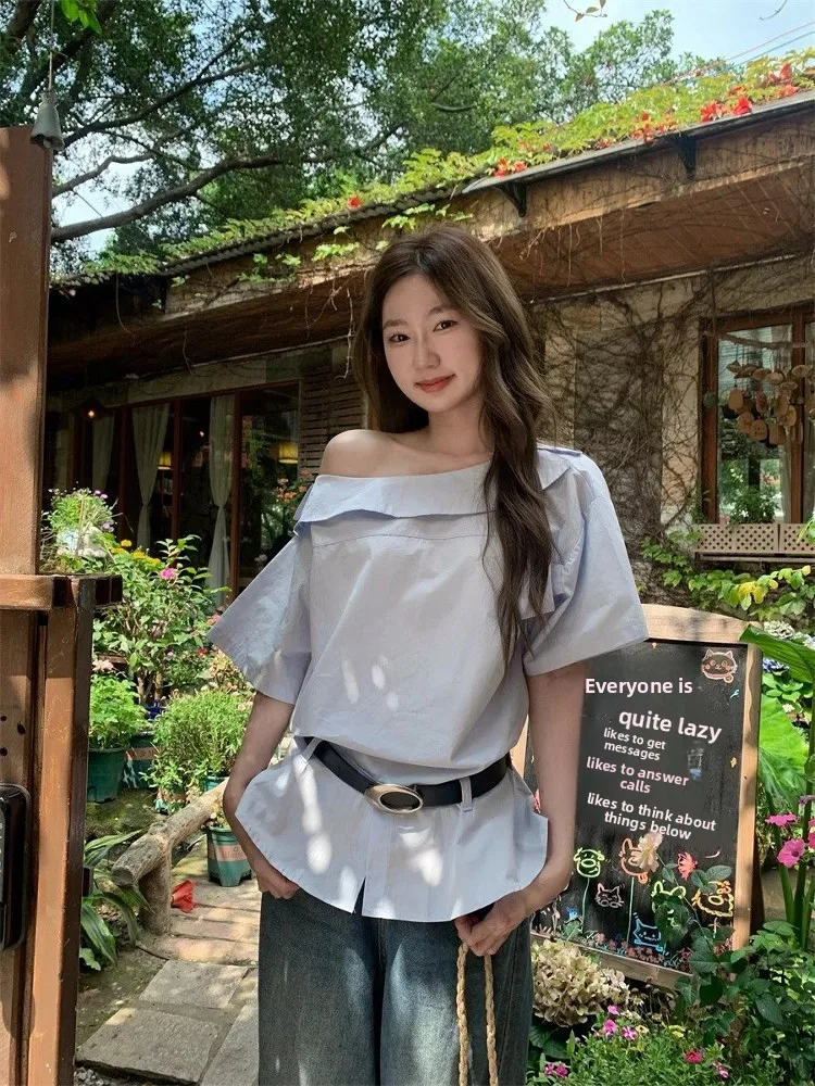 

Blue Short Sleeve Shirt Women's Summer Slim Fit Waist Cinching Beautiful Lace Trim Shoulder Bared French Style Pure Color Top
