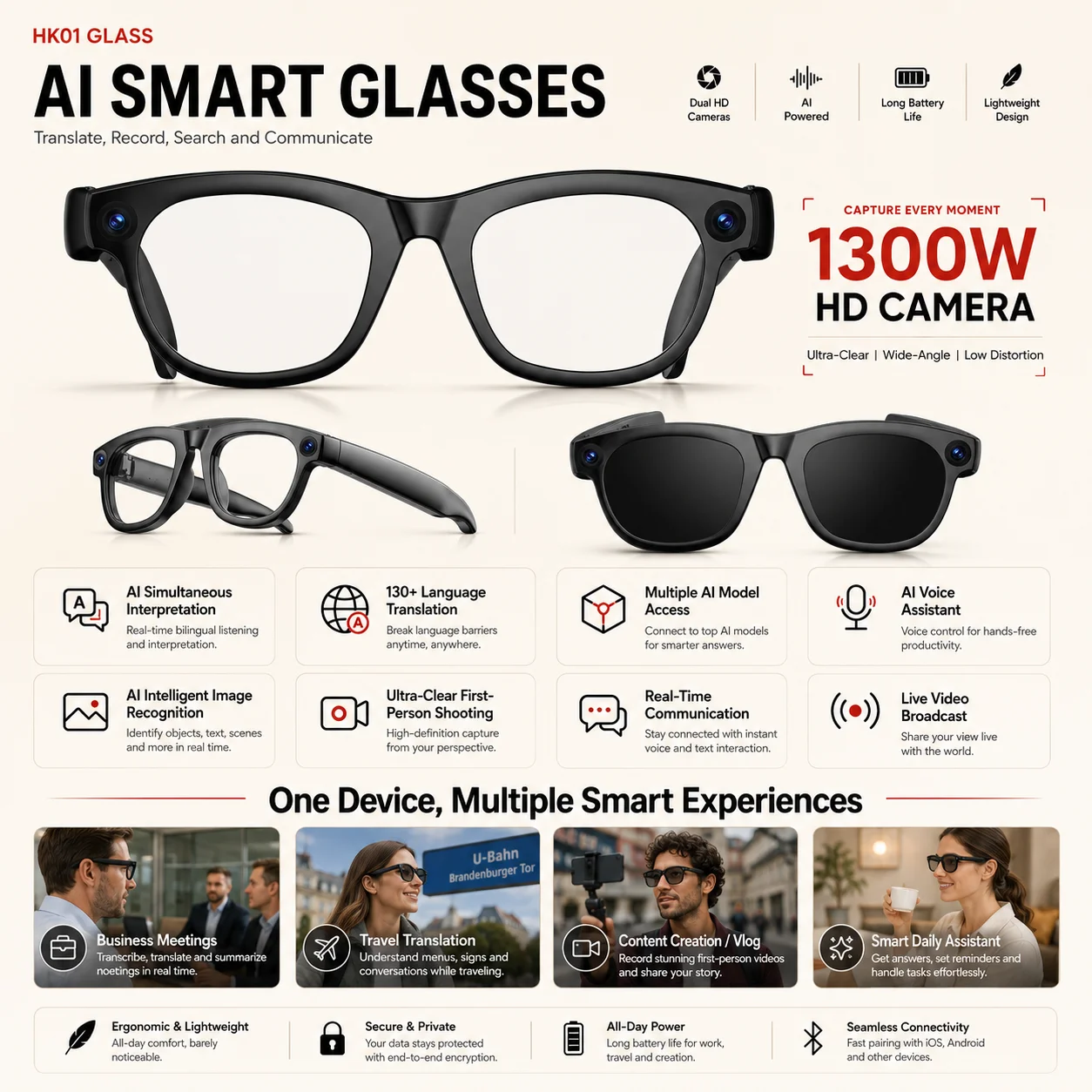 2026 NEW AI Smart Glasses 13MP First-Person Photo Video Real-Time Translation BT Music Playback Battery Life Smart Glasses