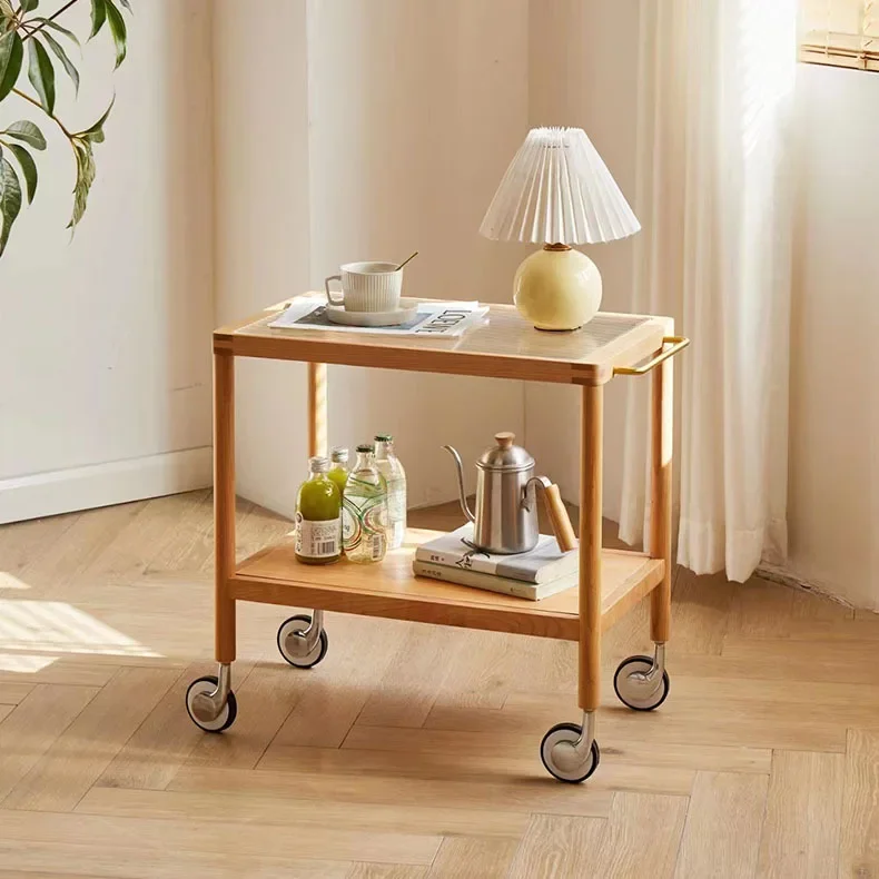 Tavolo con bordo in legno massello in stile giapponese, divano mobile, tavolino trolley con ruote, tavolo da tè medievale in legno di ciliegio