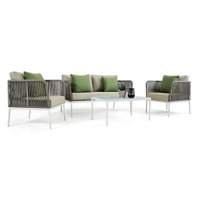 Beste verkoop grijze comfortabele tuinbank met loveseat meubilair buitenterras sectionele aluminium touw bankstel